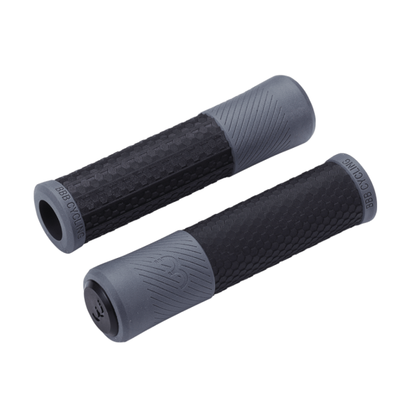 Two bicycle handlebar grips in black and gray, shown on a clean white background.