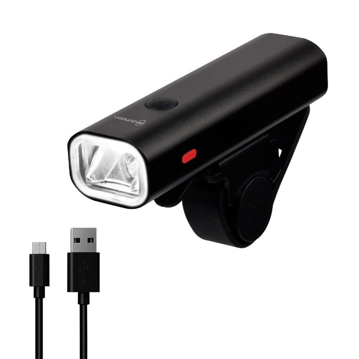 A black BRVIGA bicycle headlight with a USB charging cable shown below it on a plain white background. The headlight has a clear front lens, a small red indicator light, and the brand logo 'BRVIGA' is visible in the top left corner.