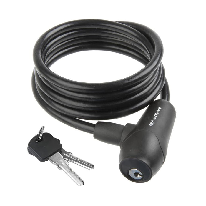 A black coiled bicycle lock with a matching key and keychain, shown on a plain white background.