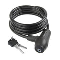 A black coiled bicycle lock with a matching key and keychain, shown on a plain white background.