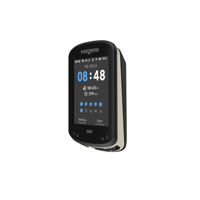 Black digital device with screen displaying time and other information on a white background