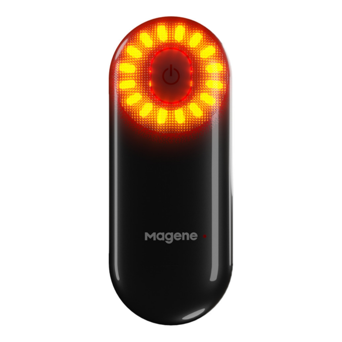 Black bike tail light with red LED lights on a white background, featuring the Magene brand.