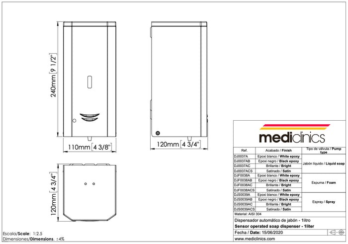 MEDICLINICS DJ0037A surface automatic liquid soap dispenser - white, 1L - MEDICLINICS - Evelostore
