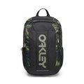 Oakley backpack in black with green and brown camouflage pattern side panels and a large vertical Oakley logo on the front.