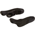 A pair of black rubber handlebar grips with textured grip patterns and embossed logo details, shown on a plain white background.