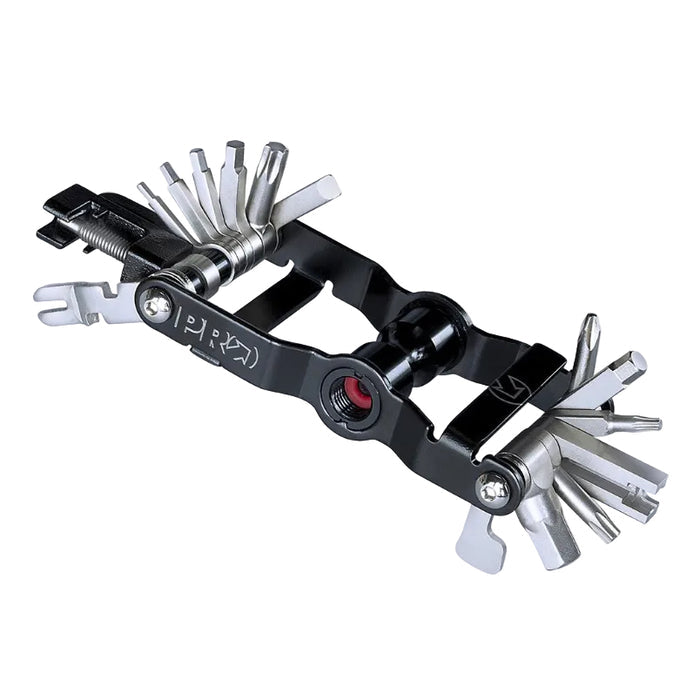 A black and silver multi-tool bicycle chainstay tool with various flathead screwdriver bits extended, shown on a plain white background.