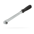A chrome socket wrench with a black textured handle, shown diagonally on a clean white background with a soft shadow underneath.