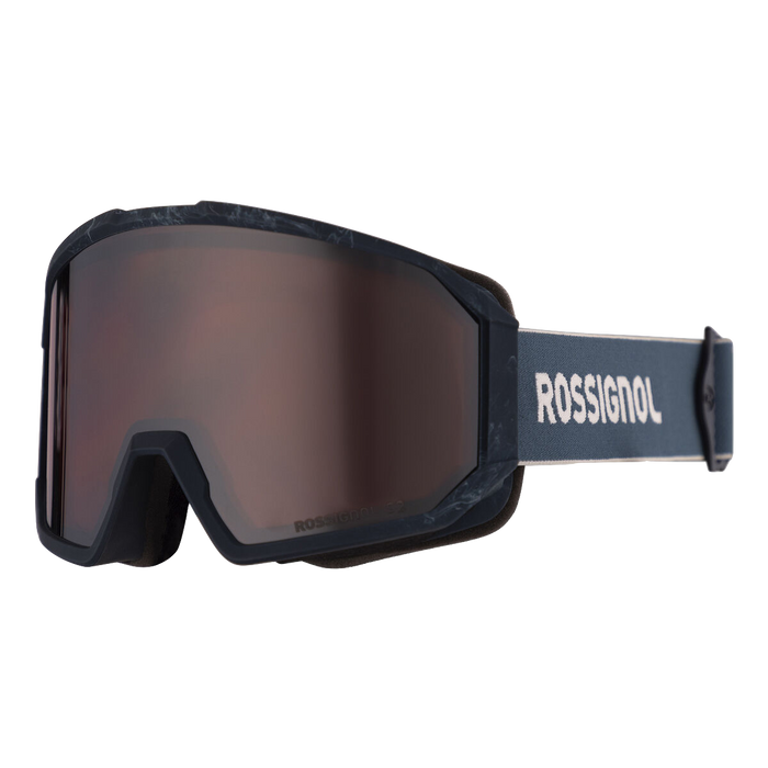 Rossignol ski goggles with a dark gray and black marbled frame, a dark brown reflective lens, and a dark gray strap featuring the white Rossignol logo.
