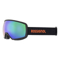 Rossignol ski goggles with a black frame and strap, featuring a vibrant iridescent mirror lens that shifts from green to blue, and the brand name 'ROSSIGNOL' printed in orange on the black strap.