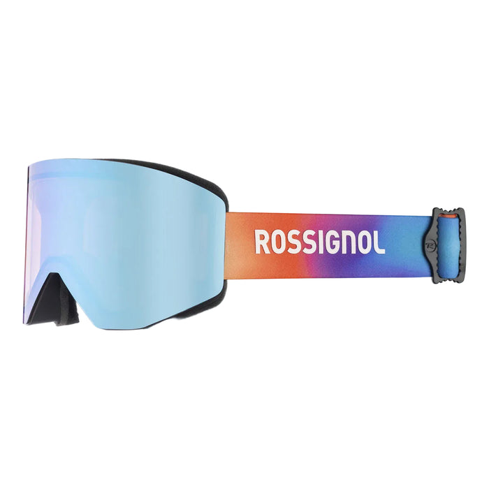 Ski goggles with a colorful strap featuring the Rossignol logo on a white background
