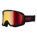 Rossignol ski goggles with a matte black frame and strap, featuring a large red-to-yellow mirrored lens and the Rossignol brand name in red on the strap.