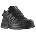 A black Salomon trail running shoe shown from a three-quarters angle against a plain white background.
