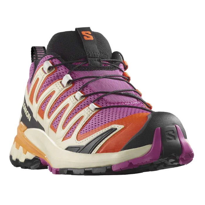 Purple and orange running shoe with black accents on a white background
