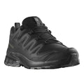 A black Salomon trail running shoe shown from a three-quarters side angle against a plain white background.