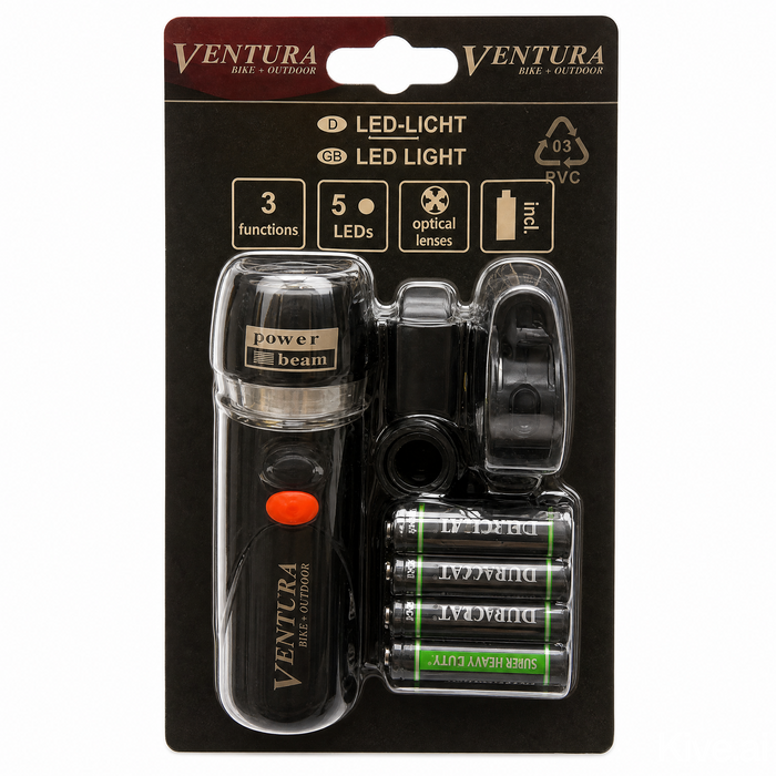 Ventura red and black LED light kit in its original retail blister packaging, featuring a power beam flashlight, a lens cover, and four Duracell batteries.