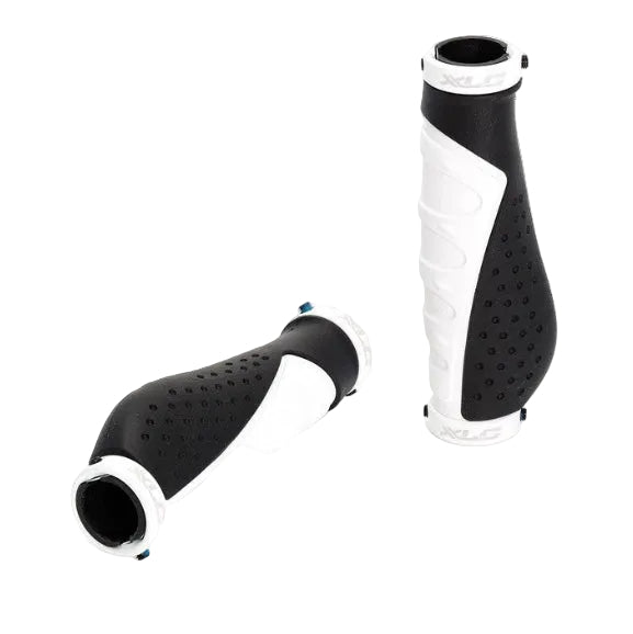 A pair of bicycle handlebar grips in black and white, shown from two angles on a clean white background. One grip is upright showing its textured surface and the other is laid down to show the end fitting.